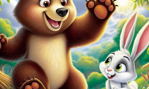 Au centre de l'image, un ours joyeux nommé Oscar, avec un pelage brun et un grand sourire, est perché sur une branche d'arbre, prêt à sauter. Des baies rouges sont collées sur son pelage. À côté de lui, un petit lapin nommé Léo, avec un pelage blanc, le regarde avec un sourire malicieux, prêt à bondir. La scène se déroule dans une forêt enchantée, illuminée par des rayons de soleil. Oscar s'apprête à sauter pour attraper un fruit magique du soleil, tandis que Léo l'encourage. L'atmosphère est pleine de joie et d'aventure.