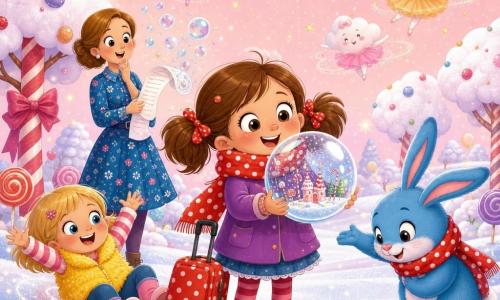 Margot, 6 ans, rayonnante en deux couettes et cache‑nez à pois rouges, secoue une énorme boule à neige transparente en tenant une petite valise rouge à pois ; Zoé, 6 ans, blonde et malicieuse en gilet jaune, glisse par terre comme sur une luge invisible à gauche, tandis que Madame Dubois, vers 35 ans en robe bleue à fleurs, sourit en tenant une liste qui se change en bulles de savon derrière eux, et un grand lapin bleu debout à droite, écharpe rouge à pois blancs, fait une révérence joyeuse. Lieu : l’intérieur magique d’une boule à neige géante — sol scintillant, arbres en bonbon, nuages en tutu et ciel rose pailleté — ambiance pétillante, couleurs vives, composition centrée sur Margot et la boule qui remplit l’air de flocons brillants et confettis.