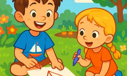 Un garçon de 6 ans, Maxime, avec des cheveux bruns en bataille et un grand sourire, est assis sur l'herbe, entouré de crayons de couleur et de feuilles blanches. Il porte un t-shirt bleu avec un dessin de bateau et un short rouge. À côté de lui, sa petite sœur Emma, 4 ans, avec des cheveux blonds en nattes, admire les dessins de son frère tout en tenant un feutre violet. Ils se trouvent dans un jardin ensoleillé, rempli de fleurs et d'arbres, avec un ciel bleu. Maxime dessine un grand bateau en carton tandis qu’Emma essaie de le copier, tous deux absorbés par leur activité créative.
