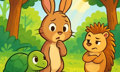 Léo, un jeune lapin aux grandes oreilles et pelage brun, se tient pensif au centre d'une clairière. À ses côtés, Clémence, une tortue à la carapace verte, l'écoute avec compréhension. Un peu en retrait, Hugo, un hérisson aux piquants dorés, croise les bras, l'air réfléchi. La clairière est entourée d'arbres majestueux et de fleurs colorées, baignées par un doux rayon de soleil. Ils discutent sérieusement de l'importance de la vérité et du mensonge, reflétant un dilemme moral commun.