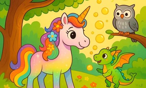 Lila, une magnifique licorne au pelage scintillant comme un arc-en-ciel, se tient au centre d'une clairière. Ses grands yeux expriment la joie, et sa crinière est parsemée de fleurs colorées. Elle pose sa corne dorée sur un arbre aux feuilles chatoyantes. À ses côtés, Pipo, un petit dragon aux écailles brillantes, saute joyeusement en soufflant des bulles dorées. Plus loin, Grisou, un hibou sage, les observe. La clairière est baignée de lumière dorée, entourée d'arbres majestueux et de fleurs vives, avec un ruisseau murmurant à proximité. Lila découvre une clé de sol brillante, cueillie par la fée Brindille, illuminant le chemin vers la Bibliothèque Vivante, où les lettres dansent joyeusement.