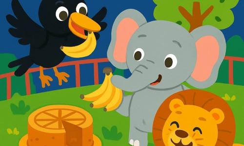 Un corbeau nommé Coco, avec un plumage noir brillant et des yeux pétillants, bat des ailes joyeusement en tenant une banane dans son bec. À côté, un éléphant gris aux grandes oreilles, souriant, regarde Coco avec curiosité tout en tenant une grappe de bananes. En arrière-plan, un lion doré, allongé sur l'herbe verte, rit de bon cœur. La scène se déroule dans un zoo coloré, avec des arbres aux feuilles vertes, des fleurs multicolores et des étoiles dans le ciel nocturne. Coco et ses amis préparent un gâteau de bananes, entourés de rires et de joie, créant une ambiance festive.