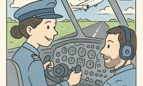 Une femme pilote d'une trentaine d'années, cheveux bruns en chignon, sourire concentré et yeux pétillants, en uniforme bleu clair et casquette, tient le manche et regarde droit devant ; à sa droite, un copilote d'environ 35 ans, barbe courte et casque, consulte les instruments en parlant doucement. Par la fenêtre arrière, un agent de piste d'environ 25 ans en gilet orange fait signe en souriant. Cockpit détaillé avec tableau de bord rempli de boutons, cadrans, leviers et petites lumières, larges vitres montrant la piste noire aux lignes blanches, herbe verte et grand ciel bleu parsemé de nuages ; l'avion décolle, nez légèrement levé, ambiance douce et dynamique, sensations de mouvement, légèreté et sécurité, traits nets et textures d'encre fine.