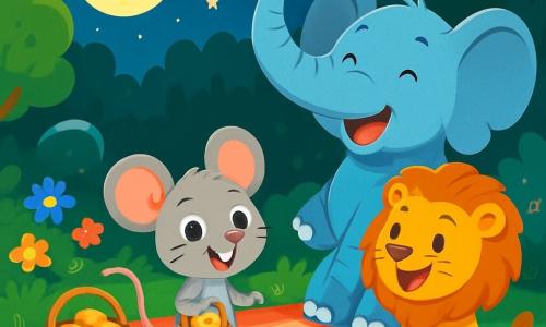 Mimi, une petite souris grise aux grandes oreilles et aux yeux pétillants, se tient au centre de la clairière avec un panier de fromage, souriant d'excitation. À sa droite, Édouard l'Éléphant rit joyeusement, sa trompe levée. À sa gauche, Léon le Lion, avec sa crinière dorée, raconte une histoire, entouré d'animaux curieux. La clairière est éclairée par la lune, avec des arbres et des fleurs colorées. Les animaux partagent des friandises sur un tapis de pique-nique, créant une ambiance festive.
