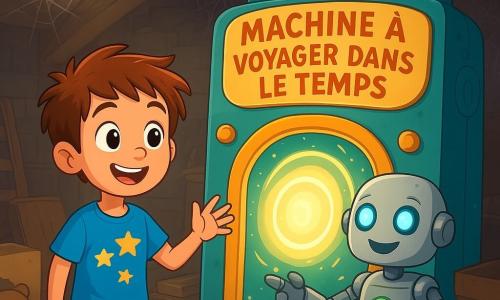 Un garçon de 8 ans nommé Tom, aux cheveux châtains en désordre et aux yeux curieux, se tient devant une machine à voyager dans le temps. Il porte un t-shirt bleu avec des étoiles et un short rouge, affichant une joie émerveillée. À ses côtés se trouve Chrono, un petit robot argenté souriant, montrant un bouton clignotant sur la machine. La scène se déroule dans un grenier poussiéreux rempli de vieux jouets et de livres, avec une lumière douce filtrant à travers une lucarne. Tom et Chrono se tiennent devant la porte lumineuse de la machine, prêts pour une aventure incroyable, créant une atmosphère magique et mystérieuse.
