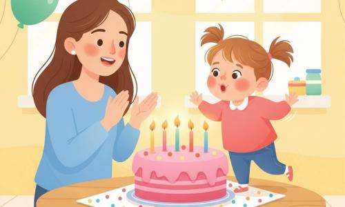 Lila, 2 ans, joyeuse et souriante, cheveux châtain clair en petites couettes, se tient sur la pointe des pieds pour souffler quatre bougies sur un gros gâteau rose posé sur une table à nappe à pois pendant que sa maman d’environ 30 ans, cheveux bruns lâchés, l’applaudit à gauche; la cuisine claire aux murs jaune pastel et grandes fenêtres, quelques ballons au plafond, crée une ambiance chaleureuse et festive.