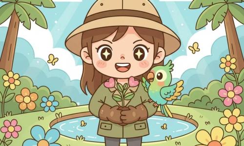 Clara, fillette exploratrice d'environ 10 ans, sourit aux yeux brillants; elle porte une veste kaki, un chapeau beige et des bottes boueuses et tient une plante aux feuilles scintillantes et fleurs roses; Coco, petit perroquet vert et turquoise perché sur son épaule droite, la regarde émerveillé. Dans une clairière tropicale lumineuse avec herbe verte, fleurs géantes, papillons jaunes et une source d'eau claire reflétant le ciel. Ambiance ensoleillée, couleurs vives, contours doux. Clara montre fièrement la plante magique, Coco admire, composition centrée et lisible pour un jeune enfant.