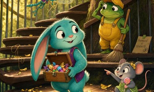 Plume, un petit lapin au pelage bleu-vert scintillant, longues oreilles souples et sourire malicieux, tient une petite boîte en bois ouverte remplie de sucreries ; derrière lui, Grenouille, une concierge en salopette jaune et casquette, tient un balai et paraît soulagée, tandis que Muguette, une minuscule souris grise aux yeux pétillants, assise sur une marche inférieure, montre la boîte en serrant une sucette, et Libelule, une libellule aux ailes translucides pailletées d’or, vole au‑dessus en tenant un fil doré ; l'action se déroule dans une cage d'escalier en spirale autour d’un tronc d’arbre, marches en bois usé, lumière dorée filtrant entre les barreaux et quelques pétales et un cercle de craie verte au sol, scène centrée sur la découverte et la réconciliation, ambiance chaleureuse aux couleurs vives et textures douces.