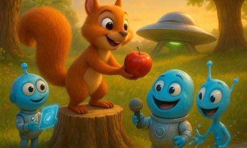 Félix, un jeune écureuil roux souriant, tend une pomme brillante depuis une souche à trois petits extraterrestres bleus — Zog, trois yeux et appareil holographique, Zik, plus corpulent avec un micro lumineux, Zuk, mince qui éclabousse près d'un ruisseau — tandis qu'un vaisseau argenté à lueur verte repose entre deux chênes dans une clairière baignée d'un coucher de soleil doré, herbes hautes et fleurs, un pommier chargé à gauche : rencontre chaleureuse, curieuse et colorée.