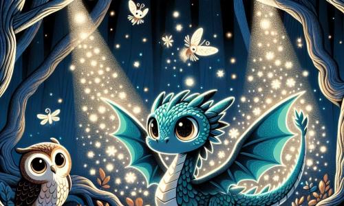 Illustration d'un petit dragon aux écailles turquoise et aux yeux curieux, au centre de la scène avec ses ailes déployées, exprimant détermination et courage tout en émettant des étincelles lumineuses. À ses côtés, un hibou sage au plumage brun et aux yeux dorés le regarde avec bienveillance, perché sur une branche. La scène se déroule dans une forêt sombre et mystérieuse, avec des arbres noueux sous un ciel étoilé, des ombres dansant entre les feuillages et une légère brume au sol. Le dragon affronte des ombres menaçantes, prêt à libérer ses étincelles pour éclairer la nuit. Des lucioles scintillantes, des feuilles tombantes et une lumière douce du dragon ajoutent à l'atmosphère magique et inquiétante.