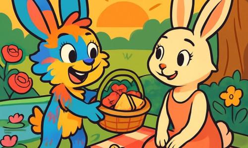 Octave, un petit lapin aux grandes oreilles et à la fourrure colorée, sourit joyeusement en tendant un panier de fraises et de sandwichs à sa maman. Mirabelle, une douce maman lapin au pelage crème, le regarde avec amour, assise sur une nappe à carreaux sous un chêne. Le jardin fleuri avec des roses et des nénuphars autour d'un étang scintillant est baigné de lumière dorée. Ils partagent un pique-nique joyeux, créant une atmosphère chaleureuse pour la fête des mères.