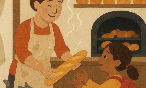 Madame Lucie, souriante, mains couvertes de farine, tablier beige taché et cheveux châtain en chignon, tend une baguette dorée encore fumante à Zoé, petite fille d’environ 7 ans aux couettes et sac à dos rouge, qui la tient émerveillée, tandis qu’un petit chat gris s’engouffre près de la porte entrouverte; en arrière-plan, un four à porte noire laisse échapper de légères volutes de vapeur, des étagères regorgent de baguettes, croissants et brioches, le sol en carreaux poudré de farine et les rideaux flottent sous un courant d’air — scène matinale réconfortante baignée d’une lumière jaune chaude, centrée sur les mains et la baguette fumante.