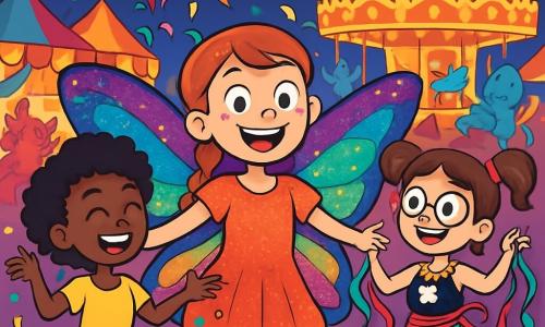 Trois personnages sont présents : Chloé, une fille de 11 ans avec une tresse rebelle et des yeux pétillants, portant un costume de papillon aux ailes multicolores et scintillantes, au centre, les bras ouverts et souriante. Fatou, également âgée de 11 ans, a des cheveux crépus et un grand sourire, vêtue d'une jupe en ballons colorés qui éclatent en lançant des étoiles, se tient à gauche de Chloé en jonglant avec des confettis. Lila, aussi 11 ans, porte des lunettes rondes et a les cheveux en deux couettes, habillée d'une robe de sirène-pirate ornée de coquillages, à droite de Chloé, dansant avec des rubans. Le cadre est un carnaval magique avec des stands colorés, lanternes scintillantes et confettis. Ils dansent ensemble, entourés de rires et de couleurs, célébrant leur costume.