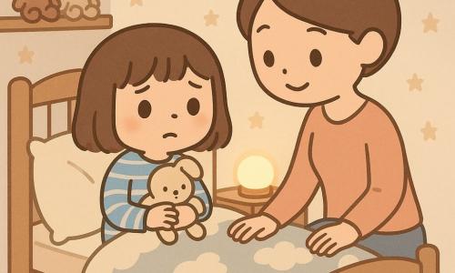 Une fillette de 4 ans, cheveux bruns au carré, yeux grands, en pyjama bleu et blanc, assise dans son petit lit en bois, serre son doudou beige contre sa poitrine et écoute son ventre en posant une main dessus ; sa mère d'environ 30 ans, au visage doux et chignon, est assise au bord du lit, la main chaude sur la couverture et penchée vers elle pour la rassurer. Un chat gris roulé en boule au pied du lit apporte une présence calme. La petite chambre chaleureuse a des murs crème avec des étoiles peintes, une veilleuse ronde diffuse une lumière dorée, une étagère avec peluches et une couette à motifs nuage ; l'ambiance est intime, calme et sécurisante lors de la scène de coucher.