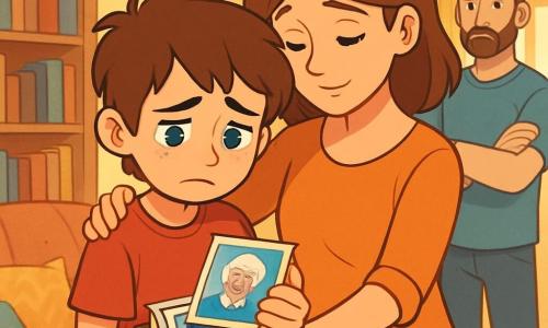 Un garçon de 10 ans, Tom, se tient au centre de l'image, avec des cheveux bruns en désordre et des yeux bleus tristes. Il porte un t-shirt rouge et un short bleu, tenant une boîte en bois remplie de photos, regardant une image avec émotion. À côté de lui, sa mère, une femme d'une trentaine d'années avec des cheveux châtains et un sourire doux, l'enlace tendrement. En arrière-plan, son père, d'une quarantaine d'années avec une barbe légère, observe la scène, les bras croisés. La scène se déroule dans le salon chaleureux de la grand-mère de Tom, avec des murs jaunes, des étagères de livres anciens et des coussins colorés. Une lumière douce filtre à travers une fenêtre, créant une atmosphère nostalgique. Tom feuillette des photos de moments heureux passés avec sa grand-mère, tandis que ses parents l'entourent, offrant leur amour et leur soutien.