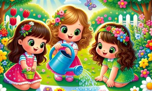 Trois petites filles de trois ans jouent dans un jardin ensoleillé. Lila, avec des cheveux bruns et bouclés, arrose les fleurs avec un arrosoir bleu. Mia, aux cheveux blonds et lisses, fait des éclaboussures d'eau en riant, tandis que Zoé, avec des cheveux châtains et ondulés, dessine des fleurs colorées sur un papier dans l'herbe. Le jardin est rempli de fleurs éclatantes et des papillons volent autour. Les trois amies s'amusent, créant une atmosphère joyeuse de printemps.