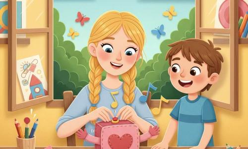 Lila, jeune et joyeuse, cheveux blonds tressés, sourit et ajuste un bouton rouge sur une boîte à câlins rose avec un grand cœur cousu, assise à une table en bois ; Paco, environ 6 ans, châtain et rieur, les mains sur la table, la regarde avec admiration. Dans un atelier chaleureux d’une petite maison jaune, la table est couverte de tissus colorés, crayons et dessins d’inventions ; la fenêtre ouverte donne sur un jardin vert avec papillons. La boîte-câlin s’ouvre avec de petits bras textiles et émet une note, mouvement et notes de musique stylisées ; ambiance douce et lumineuse, couleurs vives, textures papier et ombres douces.