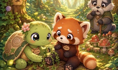 Tortue nommée Lune au visage doux et yeux ronds, carapace ronde beige et verte à motifs en spirale, démêlant délicatement un lierre autour d'une patte de petit panda roux nommé Riko au pelage roux et crème, aux yeux larges et encore inquiets mais soulagés, assis sur une racine ; en arrière-plan un vieux blaireau à moustache grise, surpris mais adouci, près d'un cercle de champignons réparés ; sentier de mousse sous des arbres formant une arche, tapis de fougères et racines visibles, taches de lumière dorée filtrant le feuillage, petite plume rouge posée sur une racine ; scène de secours tendre et calme, gestes lents et précis, ambiance chaleureuse aux couleurs pastel et textures douces.