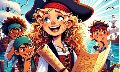 Capitaine Lou, une jeune femme pirate aux cheveux bouclés et dorés, porte un chapeau noir avec une plume rouge. Elle sourit malicieusement, tenant une carte au trésor. À ses côtés, Milo, un garçon espiègle de 10 ans avec des cheveux en bataille et un bandana, rit en pointant la carte. Tia, une fille rusée de 9 ans avec des tresses, observe attentivement la carte, les bras croisés. Leur navire, L’Étoile des Mers, est amarré au quai de Port-Rouge, un lieu animé avec des voiles blanches, des marchands et des mouettes. Le soleil brille sur les pavés du port. Lou et son équipage découvrent la carte, prêts pour une quête vers l'Île aux Perroquets.