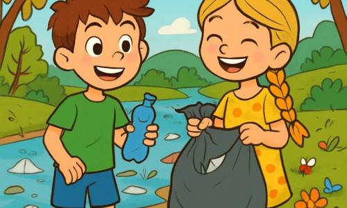 Léo, un garçon de 10 ans aux cheveux châtains en bataille et aux yeux pétillants, porte un t-shirt vert et un short bleu, tenant une bouteille en plastique. Clara, une fille de 9 ans avec de longs cheveux blonds tressés et un sourire contagieux, est en robe jaune à fleurs et sandales, tenant un sac poubelle rempli de déchets. Ils se trouvent au bord d'une rivière trouble, entourés de verdure, avec des arbres aux feuilles jaunies et des fleurs colorées. Léo et Clara nettoient la rivière, souriants et déterminés à protéger leur environnement, tandis que des abeilles volent autour des fleurs, symbolisant l'espoir.