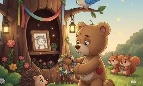 Mallow, un ours en peluche beige au pelage velouté et au petit cœur rouge cousu sur la poitrine, s’agenouille pour déposer une guirlande de fleurs à l’entrée d’un vieux tronc d’arbre creux décoré de rubans et de fleurs sauvages; à l’intérieur, une photo encadrée du chat noir et blanc souriant, ornée d’une minuscule couronne de fleurs, le représente; un oiseau bleu perché sur une branche écoute, un hérisson brun tient une feuille à côté de Mallow, deux écureuils roux apportent des baies en procession; le jardin au crépuscule, herbe et marguerites, lanternes chaudes et lucioles créent une ambiance tendre et apaisée pour une cérémonie intime en mémoire d’un ami disparu.