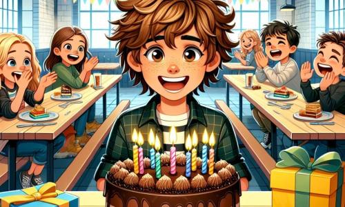 Maxime, un garçon de 11 ans aux cheveux châtain ébouriffés et aux yeux pétillants, se tient au centre d'une table décorée de ballons et de guirlandes, souriant alors qu'il s'apprête à souffler ses bougies sur un gâteau au chocolat. À sa droite, Clara, également 11 ans, applaudit avec enthousiasme, et à sa gauche, Léo, un garçon blond, rit en tenant un cadeau. La cafétéria animée est ornée de décorations d'anniversaire, où d'autres enfants partagent des rires et des friandises, créant une ambiance festive pour célébrer l'anniversaire de Maxime.