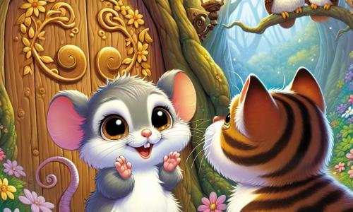Minette, une petite souris grise aux grands yeux brillants, se tient devant une porte en bois ornée de fleurs dorées, le cœur battant d'excitation. Elle sourit largement, prête à entrer dans un monde magique. À ses côtés, Moustache, un chat tigré, l'observe avec curiosité, assis sur ses pattes arrière. Plus haut, Sagesse, un hibou aux plumes brunes, les regarde avec un air encourageant, prêt à les guider. La scène se déroule dans une forêt enchantée, avec de grands arbres et des fleurs colorées, créant une atmosphère magique. Ils sont impatients de découvrir le trésor caché derrière la porte.