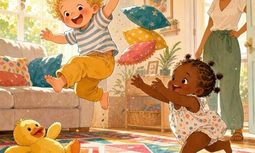 Garçon de 2 ans joyeux au visage rond et aux grosses joues roses, cheveux blonds bouclés et yeux brillants, qui saute sur un tapis moelleux en faisant « coin-coin »; petite sœur d’environ 1 an, espiègle, cheveux châtain clair en nattes courtes, pieds nus, qui court derrière lui près du tapis; maman bienveillante aux cheveux bruns attachés, debout près de la porte, main sur la hanche et sourire; salon lumineux avec grand tapis coloré à motifs géométriques, coussins empilés, peluche canard jaune et fenêtre laissant entrer une lumière dorée; scène de jeu joyeuse et dynamique.