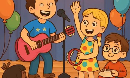 Un homme souriant, Maxime, est sur scène avec une guitare rose vif nommée Framboise. Il a les cheveux bruns et bouclés, porte un t-shirt bleu avec des étoiles et un jean. Son visage exprime joie et excitation alors qu'il chante devant un public d'enfants. À ses côtés, Zoé, une fille de 8 ans aux cheveux blonds tressés, lève la main avec enthousiasme, vêtue d'une robe colorée à pois. Lucas, un garçon de 7 ans avec des lunettes et des cheveux châtains, est assis sur le bord de la scène avec un tambourin, admiratif. La scène est décorée de guirlandes lumineuses et de ballons multicolores, créant une ambiance festive. Des enfants assis sur des coussins écoutent attentivement. Maxime interagit avec eux, les invitant à participer à la création d'une nouvelle chanson, remplissant l'air de rires et d'énergie créative.