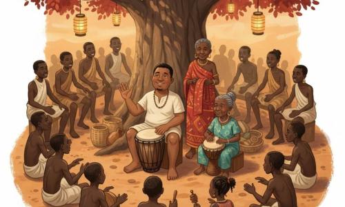 Kondo, homme au visage rond et sourire humble, assis sur une caisse avec un tambour à côté, invite les autres; Djamé, vieille femme aux rides et cheveux gris tressés, frappe doucement un petit tambour; une tisseuse en étoffe rouge tient un tissu plié; deux enfants pieds nus jouent calebasse et hochet; des villageois forment un grand cercle autour d’un figuier aux feuilles rouges, lanternes et paniers autour — une scène collective de musique au crépuscule, mains qui frappent, lumière chaude et partage.