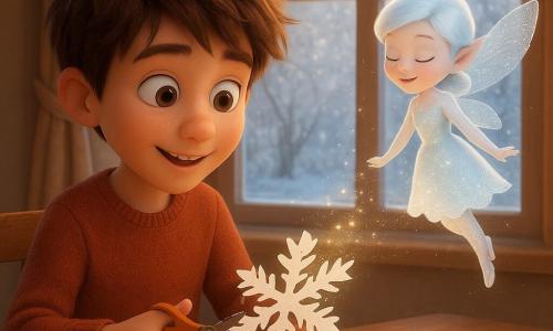 Léo, un garçon de 10 ans aux cheveux bruns ébouriffés et aux yeux pétillants, découpe un flocon de neige en papier blanc, émerveillé. À ses côtés, Floconette, une petite fée de neige scintillante, flotte en répandant une douce poussière d'étoiles. La scène se passe dans une pièce chaleureuse, éclairée par la lumière du matin, avec une grande fenêtre donnant sur un jardin enneigé, créant une atmosphère magique.