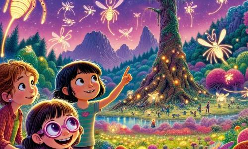 Au centre de l'image, trois filles se tiennent dans une clairière lumineuse sur une planète extraterrestre. Olivia, 10 ans, avec des cheveux bruns en bataille et un sourire, pointe un arbre immense. Léa, 11 ans, aux cheveux noirs, dessine des créatures lumineuses dans un carnet, ses lunettes glissant sur son nez. Zoé, 10 ans en fauteuil roulant, avec des cheveux blonds et des lunettes roses, sourit en observant des lucioles géantes. La clairière est entourée de montagnes colorées, de forêts luxuriantes et de fleurs scintillantes sous un soleil violet. Les filles, près d'un arbre majestueux aux feuilles brillantes, semblent prêtes à établir un contact avec les créatures, partageant un moment magique d'échange et de découverte.