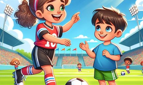Clara, une fille de 10 ans, est grande avec des cheveux bouclés et un sourire éclatant. Elle porte un maillot de football rouge et des shorts noirs, dribblant un ballon sur le terrain. Son visage exprime détermination et joie, tandis qu'elle montre à Lucas comment jouer. Lucas, un garçon de 8 ans, a des yeux brillants et des cheveux courts. Il porte un t-shirt bleu et des shorts verts, tenant un petit ballon sous le bras, admirant Clara, prêt à apprendre. Le cadre est un stade ensoleillé avec une pelouse verte et des gradins pleins de spectateurs. Clara et Lucas jouent ensemble, riant et s'amusant, créant une atmosphère de camaraderie.