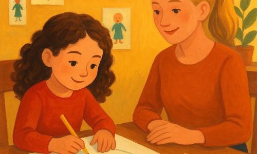 Lila, une jeune fille aux cheveux bruns bouclés et aux yeux pétillants, dessine dans un carnet ouvert à une table en bois. En face d'elle, sa sœur aînée Nina, une jeune femme blonde, sourit doucement. Le salon, baigné d'une lumière dorée, est décoré de dessins colorés et d'une plante près de la fenêtre. Lila dessine les mains de Nina, entourée de crayons de couleur, illustrant un moment de complicité et de créativité.
