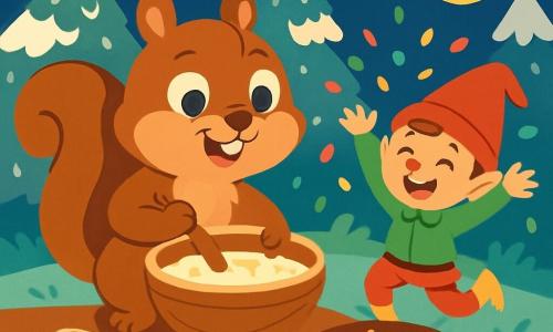 Un petit écureuil nommé Noisette, avec un pelage brun et des yeux pétillants de curiosité, est debout sur ses pattes arrière, souriant en mélangeant des ingrédients dans un grand bol en bois. À ses côtés, un lutin farceur nommé Léo, tout petit avec un bonnet rouge et des bottes jaunes, rit aux éclats en lançant des confettis colorés. La scène se déroule dans une clairière enchantée de la forêt, entourée de sapins couverts de neige, sous un ciel étoilé. Noisette et Léo préparent un festin de Noël magique, avec des biscuits rigolos et des gâteaux pétillants, créant une ambiance festive et chaleureuse.