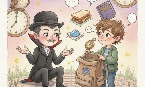 Un petit vampire garçon nommé Vesperin, au sourire timide et moustaches fines, porte chapeau melon et costume sombre aux boutons brillants, assis au centre, bienveillant et espiègle, mains ouvertes pour apaiser; en face, Candide, environ 9 ans, cheveux en bataille et veste colorée, tient son sac à dos ouvert et le regarde, curieux et rassuré. Le sac, grand et presque vivant, laisse apparaître un sandwich jambon-fromage, un caillou bleu dans un mouchoir, une boussole en laiton et un livre violet à lettres dorées, chacun suggéré par une petite bulle de dialogue; une chouette aux yeux jaunes est perchée sur une horloge flottante à gauche, tandis que des pendules flottantes et un ciel crépusculaire lavande-pêche forment l'arrière-plan; le sol pavé, herbes délicates et lucioles ajoutent des points lumineux, le tout dans une ambiance tendre, magique et ludique aux couleurs aquarelle pastel et contours doux.