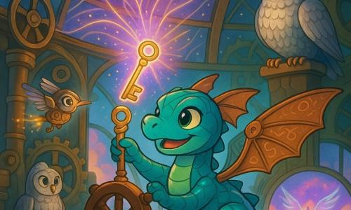 Viridian, petit dragon mécanique aux écailles en verre bleu‑vert et aux ailes‑hélices de cuivre gravées de runes, sourit et, perché au gouvernail en bois et métal, insère une clé spirale luminescente dans une serrure ancienne ; Tick, oiseau mécanique minuscule au bec d'argent et aux engrenages visibles, voltige en ébrouement en envoyant des étincelles dorées ; la Maîtresse des Clefs, mi‑chouette mi‑boîte à musique au plumage argenté et à la ceinture chargée de clés, observe depuis un pilier. La salle du gouvernail, dôme de verre parsemé de filaments lumineux, grands rouages de laiton, cadrans et pistons en cuivre, s'ouvre sur une fenêtre montrant une île volante aux ailes translucides et jardins suspendus ; la clé déclenche l'Arcane d'Inspiration : explosion douce de lumière violette et dorée, apparition d'ailes d'éther sur l'île et tourbillon de nuages multicolores, scène magique et optimiste.