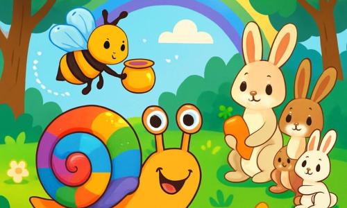 Un escargot nommé Simon, avec une coquille brillante et colorée, avance souriant sur un chemin d'herbe verte, entouré de fleurs. À côté de lui, une abeille bourdonnante vole en cercle, lui offrant un pot de miel. Plus loin, une famille de lapins aux pelages blancs et marron l'observe, tenant une carotte. La scène se déroule dans une forêt enchantée, sous la lumière dorée du soleil, avec des arbres majestueux et un ciel bleu. Simon suit un arc-en-ciel scintillant, prêt à découvrir un trésor caché.