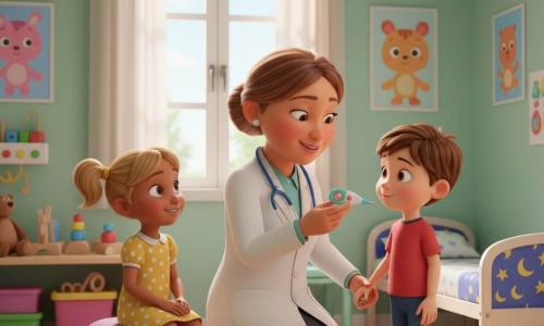 Une médecin souriante et bienveillante au visage rond, cheveux châtain clair en chignon, en blouse blanche et stéthoscope bleu, est agenouillée pour parler aux enfants et tend doucement un thermomètre; à sa droite Léo, environ 6 ans, cheveux bruns courts, pantalon bleu et T‑shirt rouge, tient la main de la médecin et regarde le thermomètre avec curiosité; à gauche Mia, environ 4 ans, cheveux blonds en couettes, robe jaune à pois blancs, est assise sur un petit tabouret, souriante et attentive; la scène se déroule dans une salle pédiatrique lumineuse aux murs vert menthe, affiches d'animaux, grande fenêtre, jouets rangés et petit lit d'examen coloré, créant un moment calme et rassurant aux couleurs douces, volumes ronds et gestes tendres.