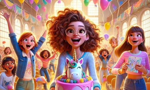Au centre de l'image, Lila, une fille de 12 ans avec des cheveux châtains bouclés et des lunettes rondes, sourit en tenant un gâteau en forme de licorne. À sa gauche, Clara, également âgée de 12 ans, lève les bras en l'air, tandis qu'à sa droite, Zoé, avec des cheveux bruns, tient un carnet de croquis. Derrière elles, un groupe d'enfants s'amuse avec des ballons colorés, créant une ambiance festive. Le décor est un gymnase lumineux, orné de guirlandes et d'une banderole "Joyeux Anniversaire, Lila !". La scène montre Lila entourée de ses amis, célébrant son anniversaire avec joie.