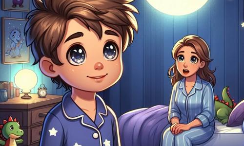 Lucas, un garçon de 8 ans aux cheveux bruns en bataille et aux yeux curieux, se tient dans sa chambre, souriant courageusement. Il porte un pyjama bleu à étoiles blanches et admire une veilleuse en forme de lune qui éclaire la pièce. Sa maman, dans la trentaine avec des cheveux châtains, est assise sur le lit, lui parlant tendrement, vêtue d'un pull confortable et d'un pantalon de pyjama. La chambre, décorée de posters de dragons et d'étoiles brillantes, est remplie de jouets. La lumière de la veilleuse crée une ambiance douce, tandis que l'obscurité envahit les coins. Lucas, un peu nerveux mais déterminé, est prêt à affronter ses peurs, écoutant sa maman parler de son ami imaginaire, Fred, le dragon courageux.