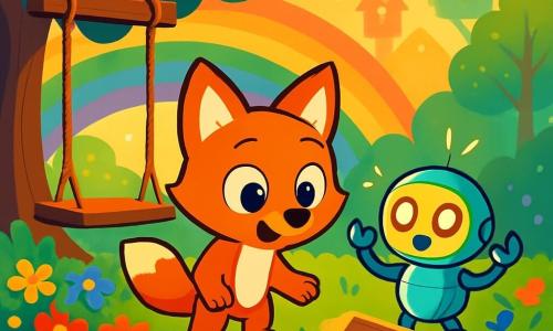 Un petit renard orange vif, nommé Fidou, avec de grands yeux brillants et des oreilles pointues, observe une trappe secrète sous une balançoire en bois avec émerveillement. À ses côtés, un petit robot lumineux, aux yeux scintillants, semble surpris. Le parc arc-en-ciel est rempli de fleurs multicolores, de grands arbres scintillants et de maisons flottantes, le tout baigné dans une lumière dorée. Fidou s'approche de la trappe, prêt à découvrir ce qui se cache en dessous.