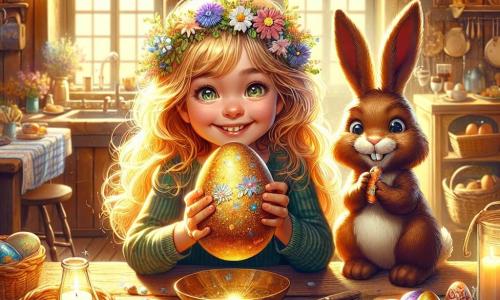 Au centre de l'image, Léa, une fille de 10 ans aux cheveux dorés et aux yeux malicieux, est assise à une table en bois, souriant émerveillée avec un œuf de Pâques doré décoré de fleurs et de paillettes. À côté d'elle, un lapin en chocolat nommé Lapino grignote une carotte, ajoutant une touche de magie. En arrière-plan, une cuisine chaleureuse avec des murs en bois et des décorations de Pâques crée une atmosphère festive. Léa et Lapino décorent des œufs de Pâques ensemble, remplis de joie et de créativité.