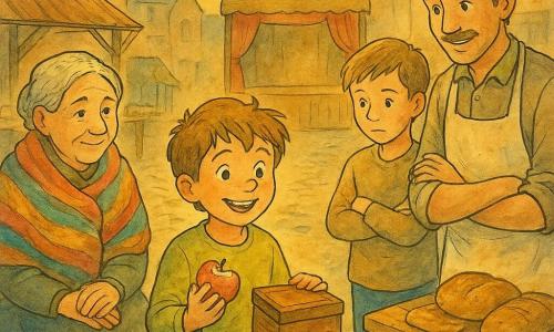 Léo, 6 ans, joyeux et rêveur, cheveux châtains en bataille et joues rosées, tient une moitié de pomme et ouvre une petite boîte en bois en souriant ; Mireille, ~70 ans, drapée d'écharpes colorées, est assise à gauche, les mains jointes, le regard bienveillant ; Tom, ~12 ans, debout à droite, bras croisés puis détendus, observe la boîte, curieux et hésitant ; un boulanger d'environ 45 ans, tablier poudré de farine, se tient près d'une table de pains, posant la main sur une miche ; la scène se déroule au crépuscule sur une petite place de marché pavée, lampions suspendus, stands en bois et une petite scène en arrière-plan, la communauté entourant une boîte centrale sur un tabouret partageant des parts dans une ambiance calme et chaleureuse ; style : encre colorée aux traits fins, lavis lumineux et textures bois/tissus, palette chaude de jaunes, ocres et verts doux.