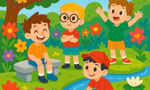 Quatre enfants sont réunis dans un Jardin des Énigmes enchanteur. Lucas, un garçon légèrement boiteux aux cheveux bruns, est assis sur un banc de pierre. Thomas, avec des cheveux blonds et des lunettes, se tient à côté de lui, l'air déterminé. Émile, accroupi près d'un ruisseau, écoute l'eau avec un sourire, tandis qu'Hugo, sur une petite île, lève les bras vers le ciel. Le jardin est rempli de fleurs multicolores, d'arbres majestueux et d'une chouette sage. Les amis échangent des idées et des sourires, découvrant les mystères de la vie en écoutant les conseils de la chouette et le chant du ruisseau.