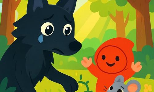 Un grand loup noir au pelage soyeux, avec de grands yeux brillants et une larme sur la joue, se tient dans une forêt verdoyante, semblant triste et vulnérable en regardant Petit Chapeau avec espoir. Petit Chapeau, un bonnet rouge doux, lève les bras pour réconforter le loup, prêt à l'aider avec détermination et amitié. Une petite souris grise, curieuse, observe la scène avec émerveillement et gratitude, prête à applaudir le loup pour sa gentillesse. La forêt enchantée, avec ses arbres majestueux et des rayons de soleil illuminant le sol fleuri, crée une atmosphère magique où le loup aide la souris coincée dans une ronce, soutenu par le sourire amical de Petit Chapeau.