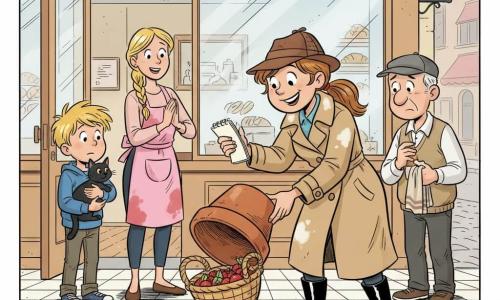 Une détective souriante et concentrée, cheveux châtain clair en queue de cheval, trench beige, chapeau de feutre et bottes vernies, tient un petit carnet et soulève un grand pot de fleurs révélant une corbeille de fruits rouges cachée (une goutte de jus sur le carrelage) ; Tom, garçon d’environ 8 ans aux cheveux blonds en bataille, tient son chat noir Filou à gauche, Léa, boulangère d’environ 35 ans aux cheveux blonds tressés et tablier rose taché de farine, est derrière le comptoir, soulagée et émue, et Monsieur Martin, facteur d’environ 60 ans à la casquette grise, se tient à droite avec un petit colis ; devanture de petite boulangerie avec vitrine décorée de croissants, carrelage blanc cassé, grand pot en terre cuite à fleurs rouges, lampadaire en fonte et rue pavée en arrière-plan, palette chaude et lumineuse, traits nets et contours noirs de bande dessinée franco-belge, compositions dynamiques et regards dirigés vers la corbeille.