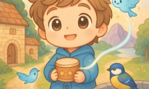 Maël, grand en style chibi, porte un manteau bleu pâle, cheveux châtain clair en mèches souples et yeux ronds brillants, souriant avec émerveillement; il tient contre sa poitrine un petit tambour en bois clair gravé de trois étoiles, une bande lumineuse nacrée s’enroulant autour de son poignet tandis qu’un petit esprit stellaire bleu pâle aux étincelles dorées flotte près du tambour; une mésange jaune et bleue est posée sur le bord de la fontaine en pierre grise au centre d’une place pavée de pierres blondes, avec au loin trois chemins menant à une forêt dense à gauche, une montagne rocheuse au centre et une mer argentée à droite, le tout dans un style chibi kawaii aux formes rondes, couleurs pastel nacrées et éclairage doux et magique.
