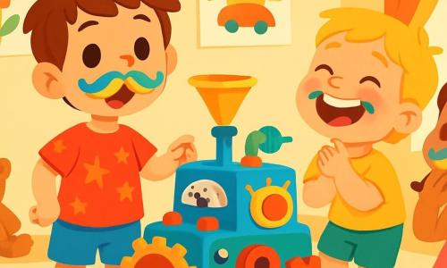 Un petit garçon de 4 ans, Léon, avec des cheveux bruns en bataille et un grand sourire, se tient devant une machine faite de jouets colorés. Il porte un t-shirt rouge avec des étoiles et un short bleu. À côté de lui, son ami Maxime, également âgé de 4 ans, rit aux éclats, tandis que leur amie Zoé, une fille de 4 ans avec des tresses et une robe rose, fait semblant de manger un bonbon imaginaire. La scène se déroule dans une chambre d'enfant lumineuse, remplie de jouets et de dessins. Léon appuie sur un bouton imaginaire de sa machine, faisant apparaître des moustaches colorées sur les visages de ses amis, provoquant des rires contagieux.