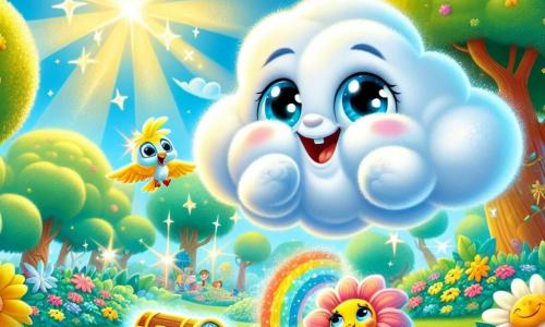 Un nuage nommé Nimbus, souriant et pétillant, flotte dans le ciel bleu entouré de rayons de soleil. Il est doux et duveteux, observant un parc en dessous. À ses côtés, Pétale, une fleur colorée avec des pétales roses et jaunes, sourit en regardant le ciel. Zippy, un oiseau joyeux aux plumes multicolores, vole autour de Nimbus en chantant. Le parc est magique, rempli d'arbres, de fleurs éclatantes et d'enfants jouant. Nimbus, Pétale et Zippy découvrent un coffre en bois scintillant qui révèle des graines colorées, tous émerveillés par leur découverte, prêts à partager leur trésor.